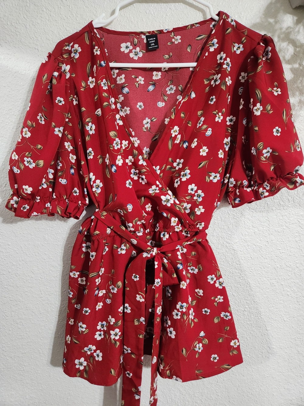 SHEIN Red Floral Wrap Dress Romper